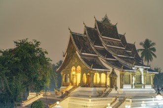 The Buddhist temple Haw Pha Bang of the Royal Palace Luang Prabang at dusk, Laos, Asia