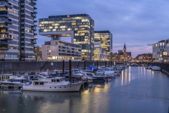 Rheinau harbour and crane houses at dusk, Cologne, North Rhine-Westphalia, Germany, Europe