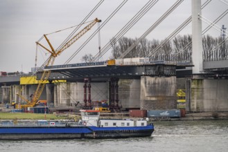 Demolition of the old Rhine bridge Neuenkamp, the A40, behind the first of 2 new bridges, which is