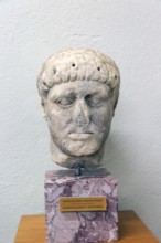 Carved marble Roman portrait head of a magistrate, archaeology museum, Apollonia Archaeological