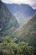 River gorge and mountain peak of Machu Picchu, Peru, South America c 1962 Urubamba River or