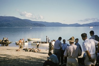 Melbourne Grammar School expedition to Queensland, Australia, 1956 Boys on the beach transferring