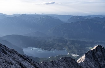 Steep rocky ridge, view from the summit of the Zugspitze to Eibsee lake, Wetterstein Mountains,