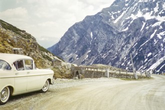 Opel Kapitan P1 car on Fluela Pass mountain road high Alpine pass, Switzerland, Europe 1959, Europe