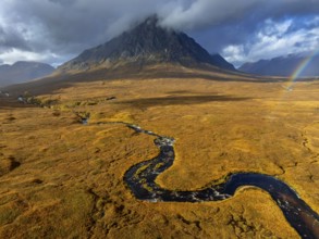 Morning light, cloudy mood, river, moor, mountain landscape, aerial view, rainbow, autumn, view of