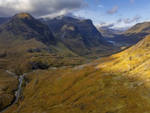 Cloudy mood, morning light, road, valley, mountains, aerial view, autumn, Glencoe, Three Sisters,