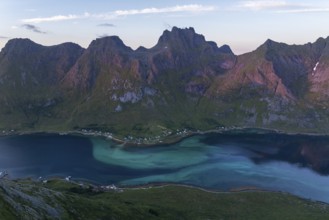 View of fjord and mountains, Skjelfjorden, Lofoten, Norway, Europe