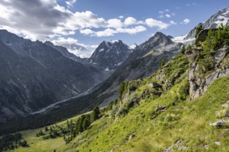 Picturesque mountain landscape near Arolla, behind mountain peak Mont Collon, Valais, Western Alps