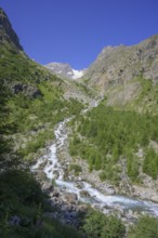 Stream of a glacier flows into the Romanche valley, Villar-d'Arêne, Département Hautes-Alpes,