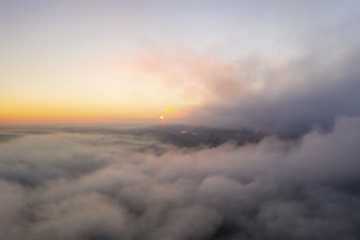 The sun rises above the fog, Elbe Valley, Saxony, Germany, Europe