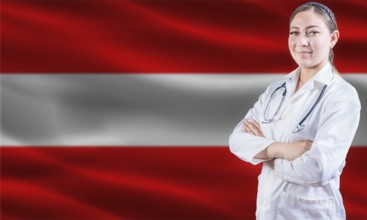 Female doctor on Austria flag. Doctor with crossed arms on Austria flag. Austria Health and Care