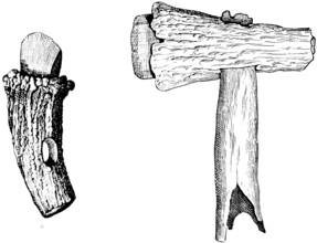 Two Stone Age axes, polished stone axe with handle made of deer horn from Belgium (6), stone axe