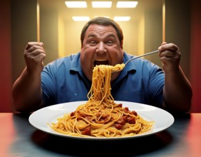 A very fat man sits in front of a plate of spaghetti and eats, symbol image calories, weight,