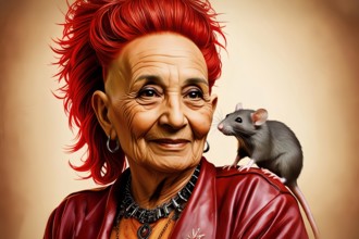 An elderly woman in leather clothes with a red haircut and a tame rat on her shoulder, symbolic