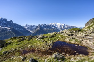 Mountain landscape with small lake, mountain panorama of the Mont Blanc massif with glaciated