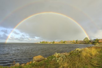 Rainbow over Lemkenhafen on the island of Fehmarn, Baltic Sea coast, East Holstein,