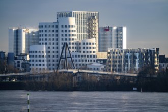 Buildings in Düsseldorf Media Harbour, Gehry buildings, Neuer Zollhof and behind it RWI office