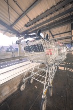 Row of shopping trolleys under a covered area with sunbeams, Kaufland Calw multi-storey car park,