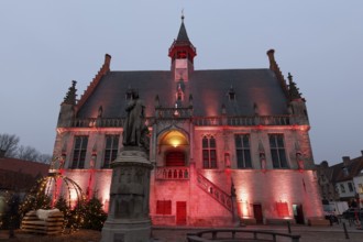 Gothic town hall and monument to Jacob van Maerlant, illuminated, Christmas, Damme, West Flanders,