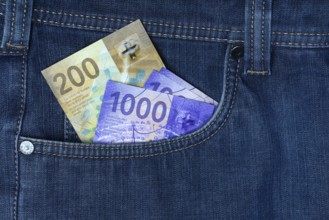 Banknotes in trouser pocket, Swiss franc, Switzerland, Europe