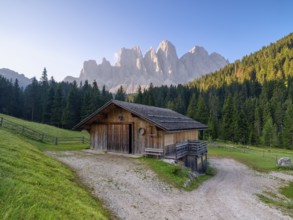 Zanser Alm with Geisler peaks in the early morning, Villnöß, Villnößtal, Dolomites, South Tyrol,