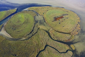 Aerial view over channels and salt marshes of the island group of Kleiner Werder, Kleine Werder in