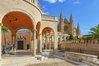 View of Palau March and La Seu Cathedral in the distance, Palma de Mallorca, Mallorca, Balearic