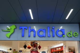 Thalia.de, lettering and logo on the façade, bookstore, Soest, North Rhine-Westphalia, Germany,