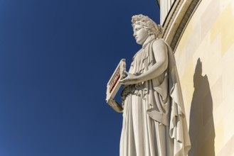 Statue of Thuringia on the façade of the Liberation Hall in Kelheim, Lower Bavaria, Bavaria,