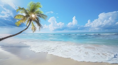 A beautiful beach with a palm tree in the foreground. Concept of relaxation, vacation and cruise,