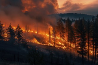 View of a forest fire is raging through a forest, with smoke and flames visible in the air. The