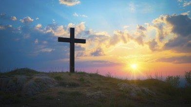 Easter concept cross on Golgotha Calvary hill against a dramatic sunset, AI generated