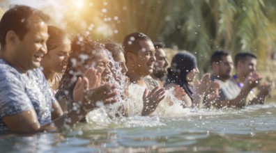 People being baptized in Jordan River in Israel in Baptist ceremony, AI generated