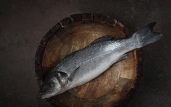 Fresh, raw sea bass fish, in a wooden plate, top view, no people.