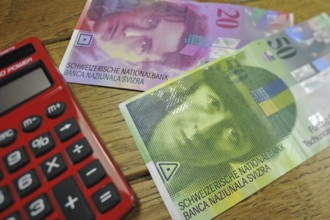 Swiss banknotes and pocket calculator