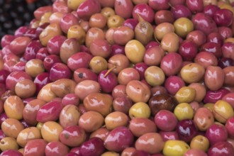 Red pickled olives at a traditional Moroccan market, Medina Essaouira, Morocco, Africa