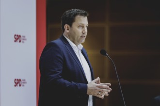 Lars Klingbeil, SPD party chairman, speaks to the press at the kick-off meeting of the SPD party