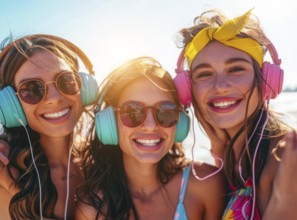 Sexy young ladies listening to modern hip hop and rap music in colorful headphones at party, AI