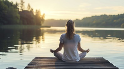 Woman practicing flexible yoga poses and mindful spiritual meditation relaxation near serene lake,