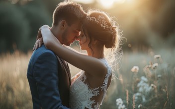 Affectionate romantic couple hugging at sunset during honeymoon in wedding dress, AI generated