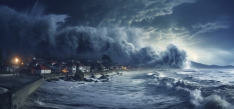 Tsunami destroys city shore, infrastructure and causing catastrophic damage and floods, AI