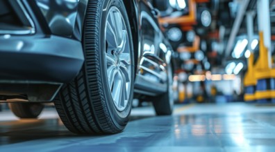 Car repairman in service garage replacing wheel of the broken car, AI generated