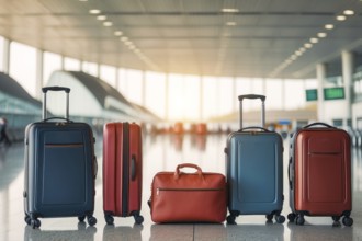 A row of suitcases lined up in a row in a terminal. The suitcases are of different colors and