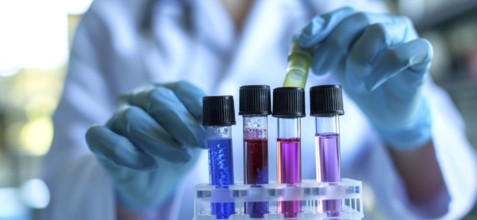 Scientist in lab medicine research holding vials with blood and virus samples for DNA sequencing,