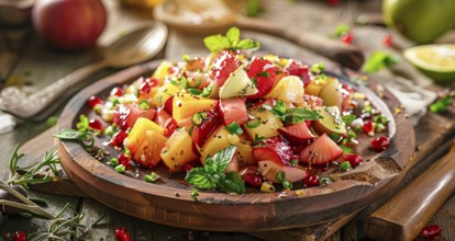 A plate of fruit salad with strawberries, kiwi, oranges and other fruits, AI generated