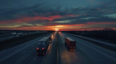 Long haul container truck carrying commercial cargo delivery between cities on a freeway, AI