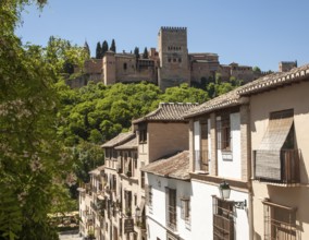 Cuesta de la Victoria in the Albaicin district, Granada, Spain view over to the Alhambra