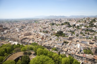 View of historic Moorish buildings in the Albaicin district of Granada, Spain seen from the