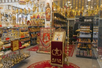 Shop interior full of religious artefacts and Orthodox souvenirs, Ouranoupoli, City of Heaven,