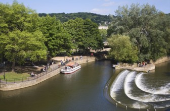 Boats and weir on the River Avon, Bath, Somerset, England, United Kingdom, Europe